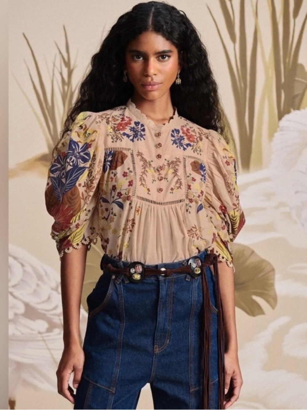 FARM Rio Pink Beauty Bouquet Floral Embroidered Puff-Sleeve Blouse